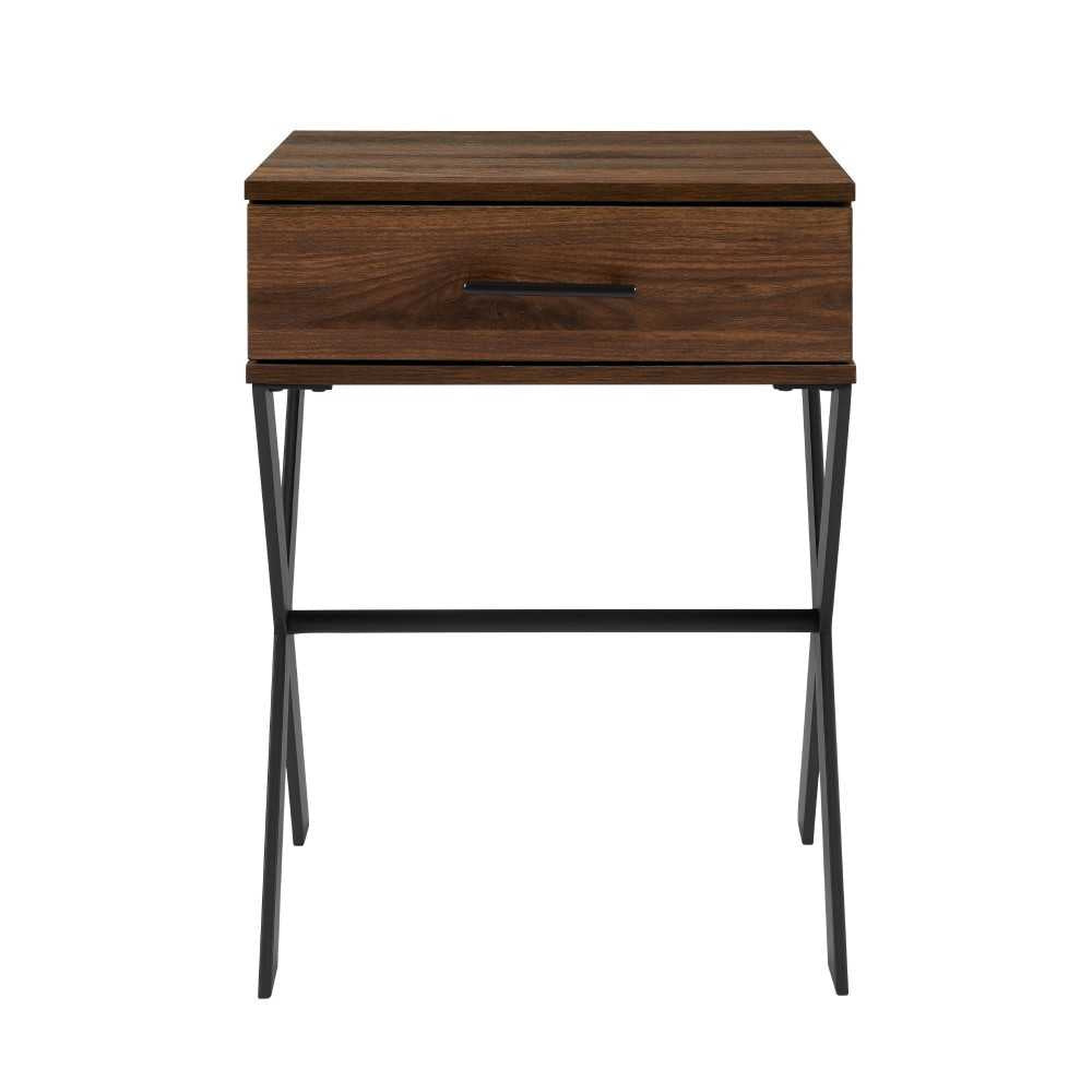 Brin 18" X Leg 1 Drawer Metal and Wood Side Table - Dark Walnut