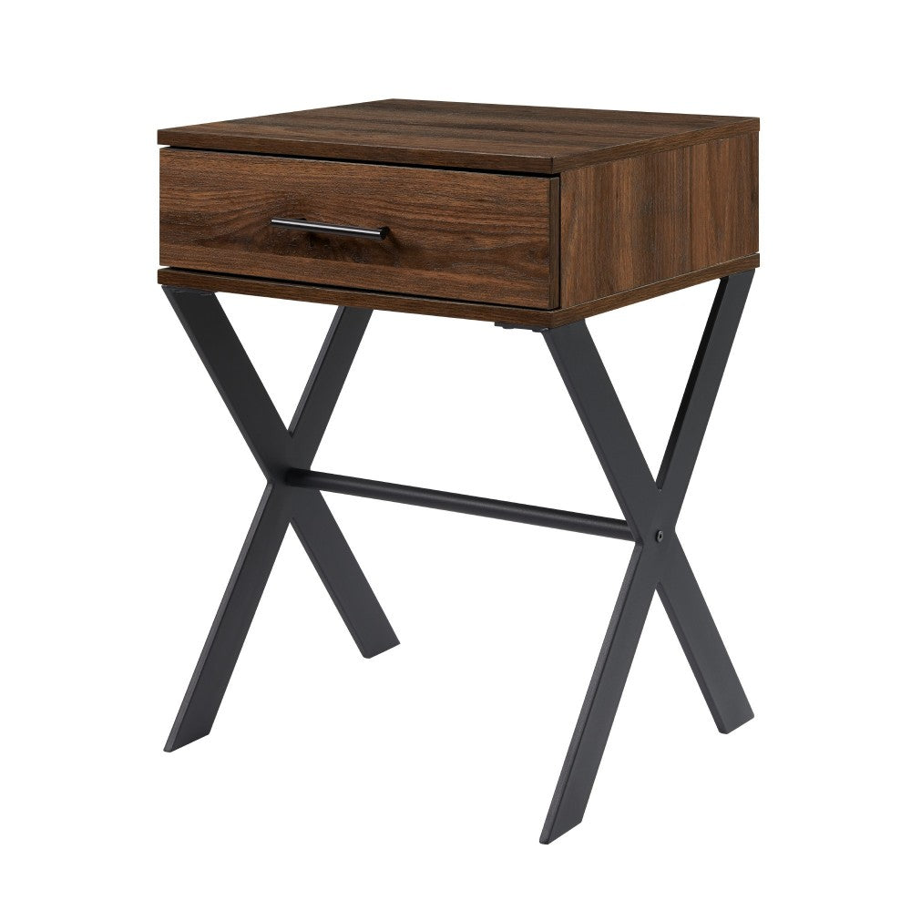 Brin 18" X Leg 1 Drawer Metal and Wood Side Table - Dark Walnut