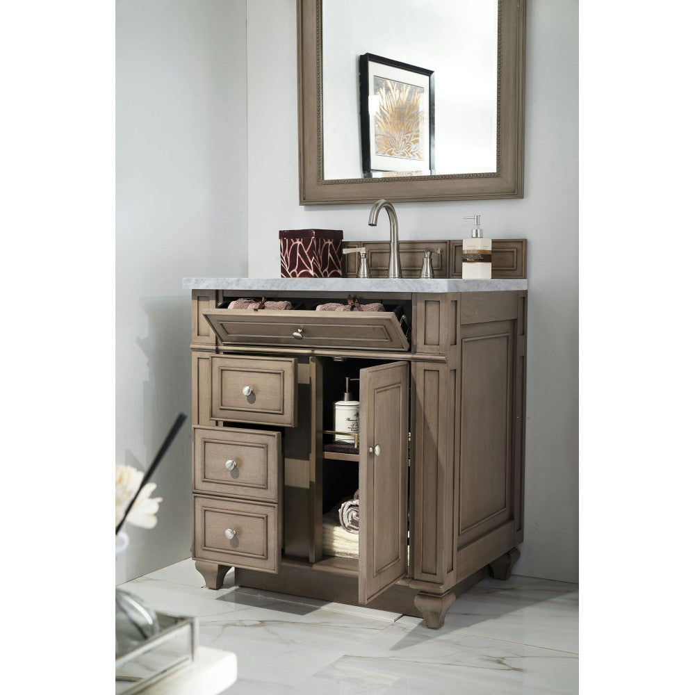 Bristol 30" Single Vanity, Whitewashed Walnut, w/ 3 CM Carrara Marble Top