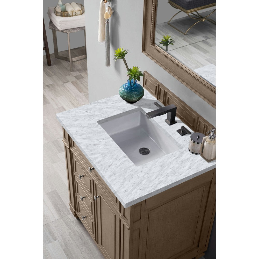 Bristol 30" Single Vanity, Whitewashed Walnut, w/ 3 CM Carrara Marble Top
