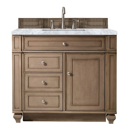 Bristol 36" Single Vanity, Whitewashed Walnut, w/ 3 CM Carrara Marble Top