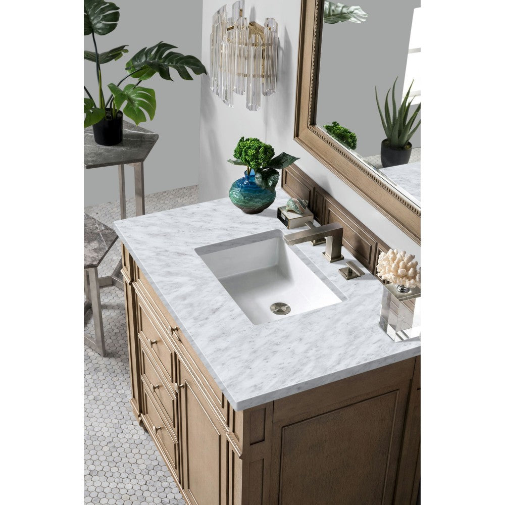 Bristol 36" Single Vanity, Whitewashed Walnut, w/ 3 CM Carrara Marble Top