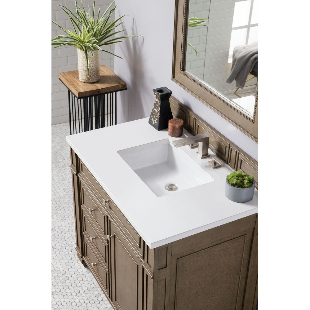 Bristol 36" Single Vanity, Whitewashed Walnut, w/ 3 CM Classic White Quartz Top