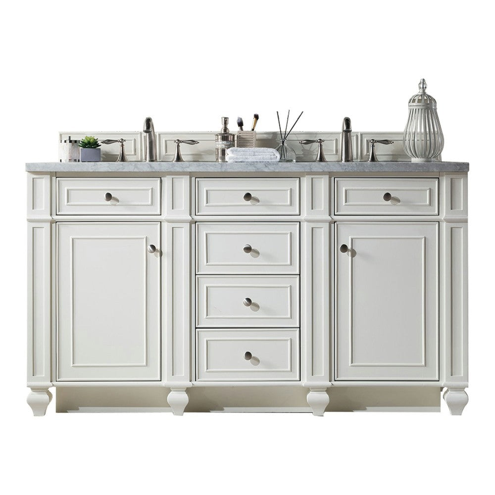 Bristol 60" Double Vanity, Bright White, w/ 3 CM Carrara Marble Top