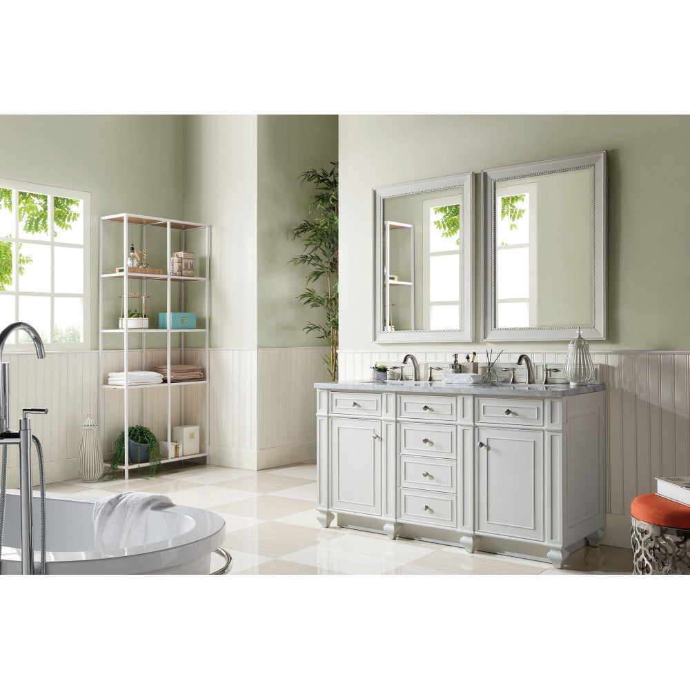 Bristol 60" Double Vanity, Bright White, w/ 3 CM Carrara Marble Top