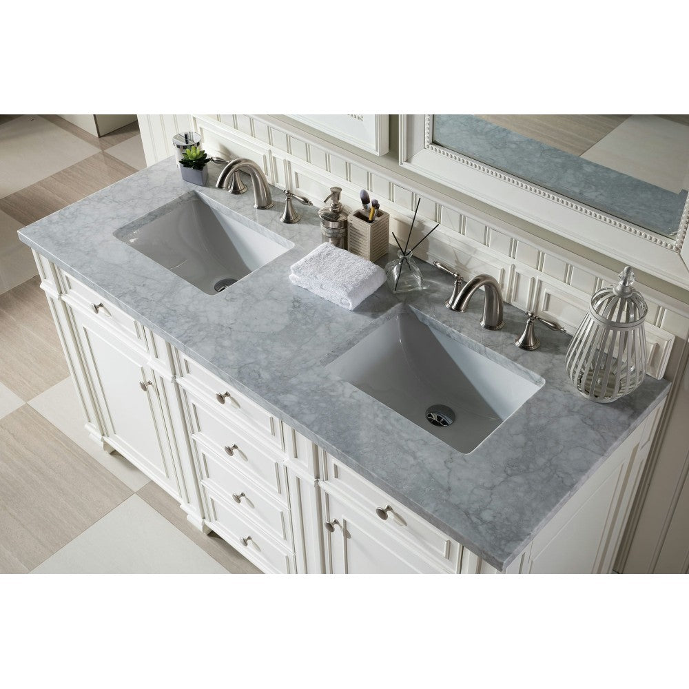 Bristol 60" Double Vanity, Bright White, w/ 3 CM Carrara Marble Top