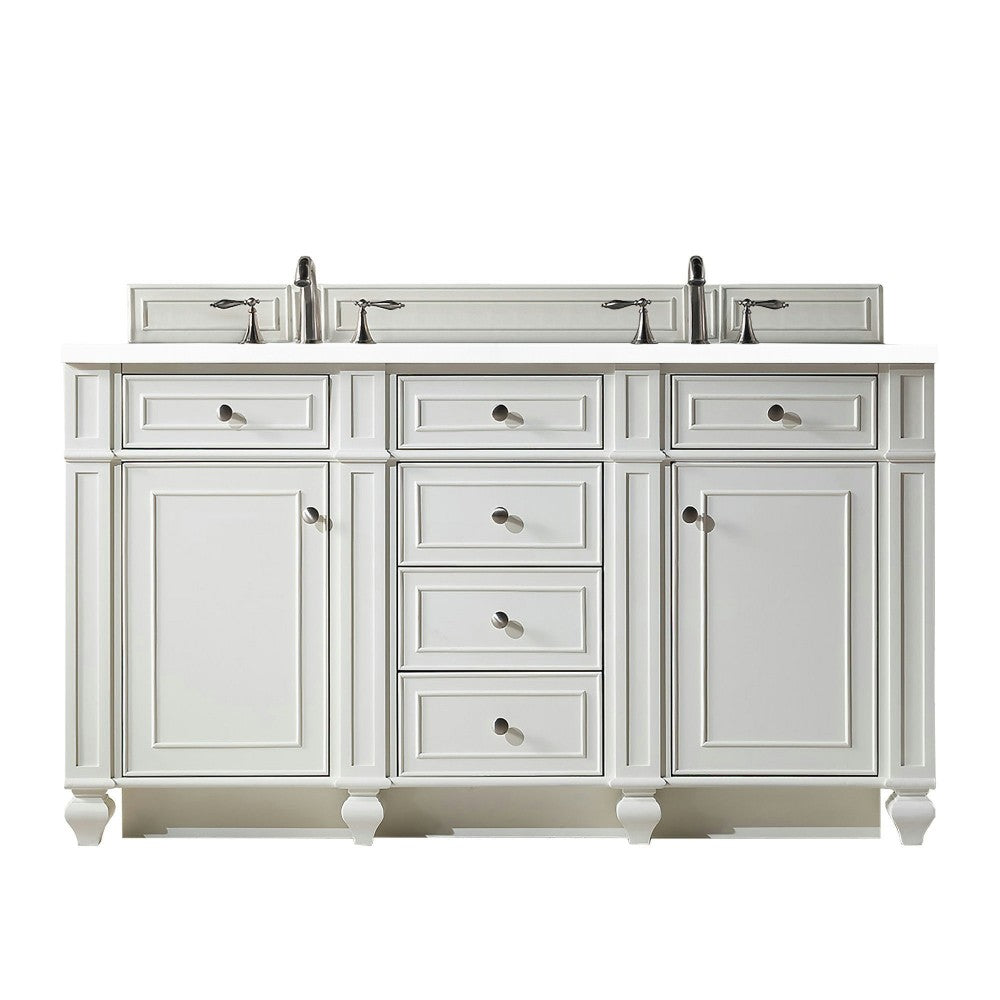 Bristol 60" Double Vanity, Bright White, w/ 3 CM Classic White Quartz Top