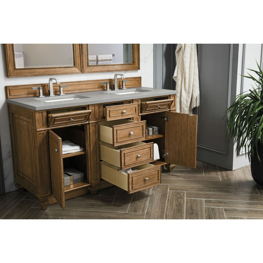 Bristol 60" Double Vanity, Saddle Brown, w/ 3 CM Gray Expo Quartz Top