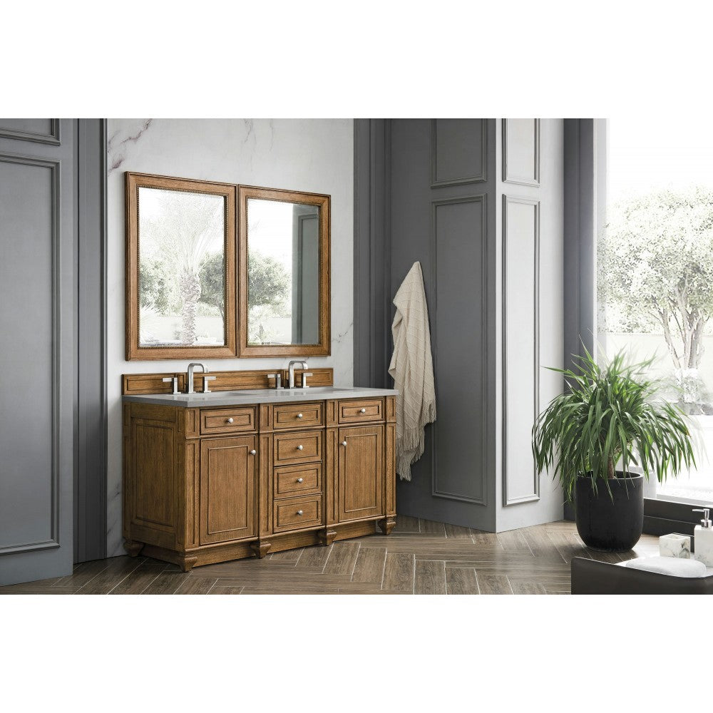 Bristol 60" Double Vanity, Saddle Brown, w/ 3 CM Gray Expo Quartz Top