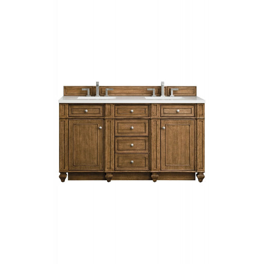 Bristol 60" Double Vanity, Saddle Brown, w/ 3 CM Classic White Quartz Top