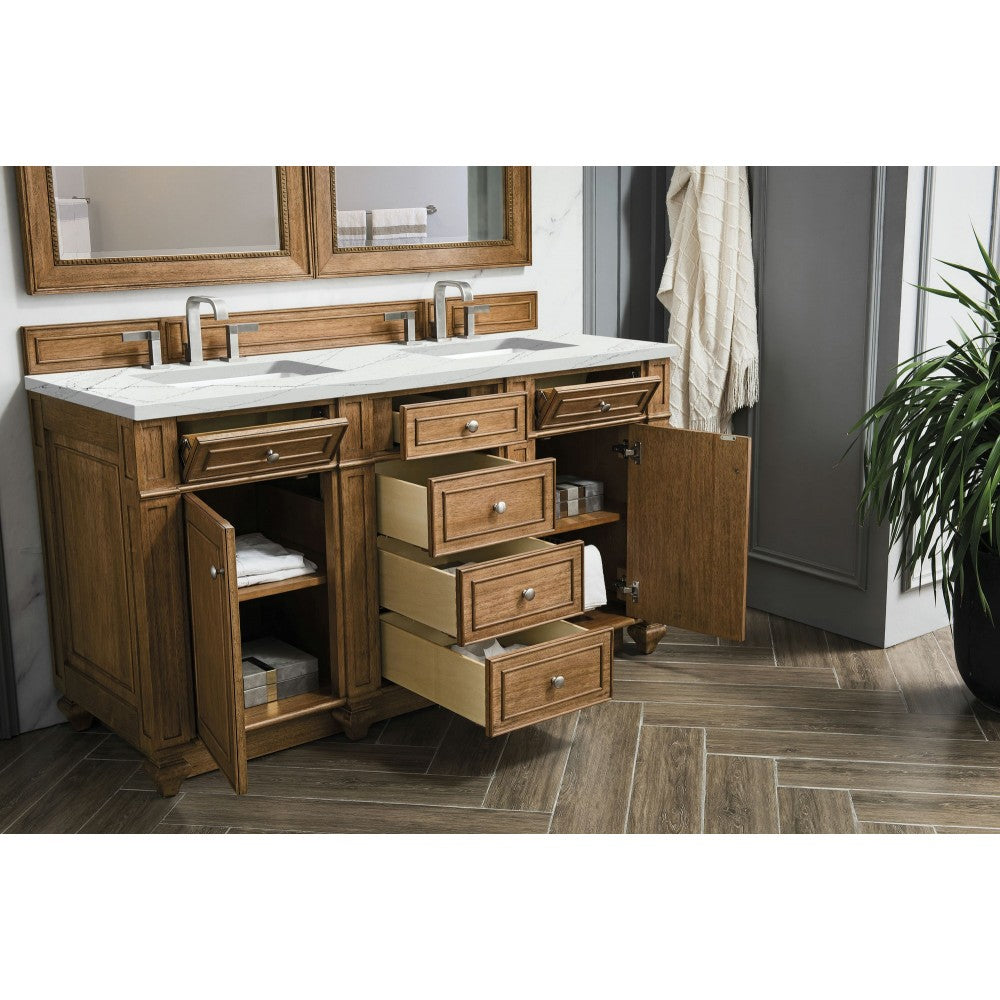 Bristol 60" Double Vanity, Saddle Brown, w/ 3 CM Ethereal Noctis Quartz Top