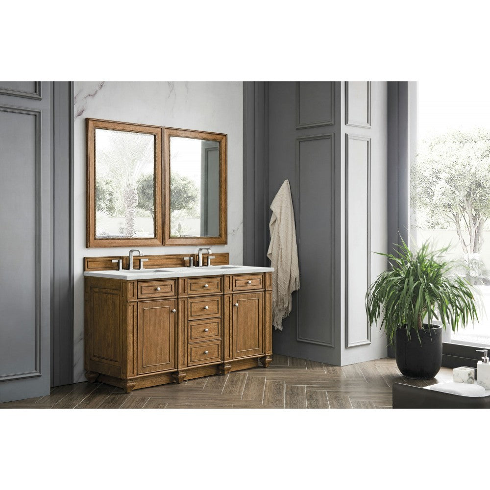 Bristol 60" Double Vanity, Saddle Brown, w/ 3 CM Ethereal Noctis Quartz Top