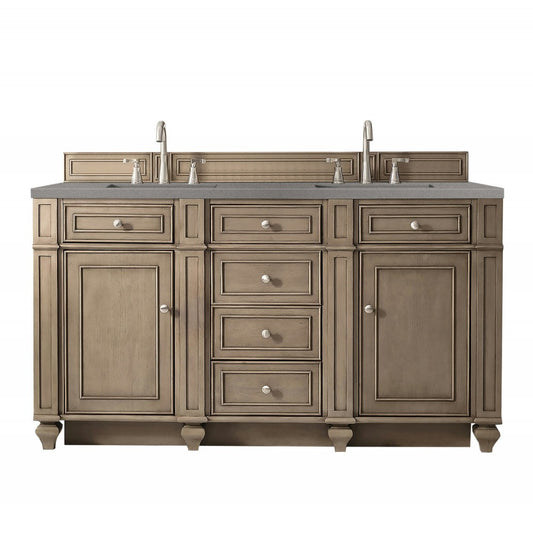 Bristol 60" Double Vanity, Whitewashed Walnut, w/ 3 CM Gray Expo Quartz Top