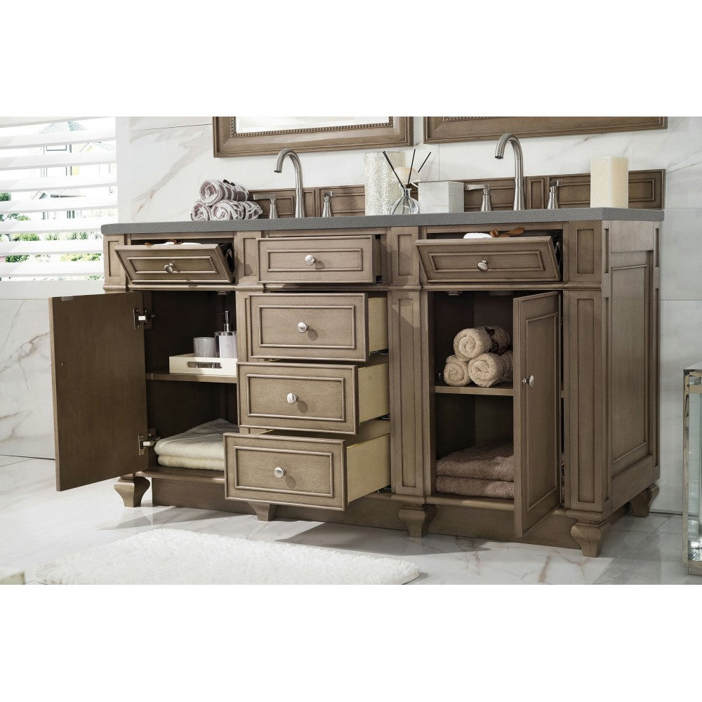 Bristol 60" Double Vanity, Whitewashed Walnut, w/ 3 CM Gray Expo Quartz Top