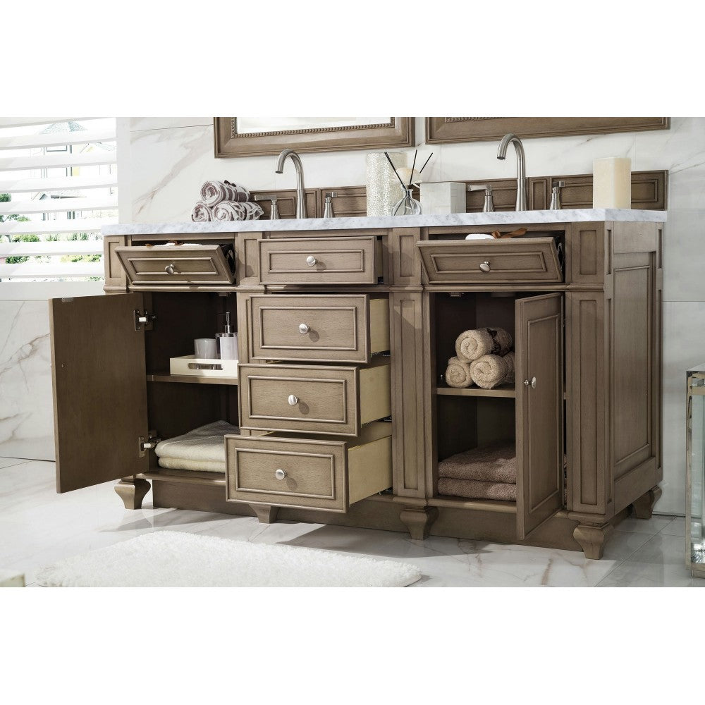 Bristol 60" Double Vanity, Whitewashed Walnut, w/ 3 CM Carrara Marble Top