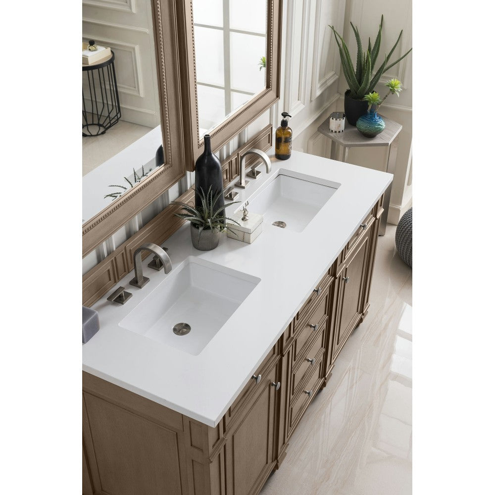 Bristol 60" Double Vanity, Whitewashed Walnut, w/ 3 CM Classic White Quartz Top