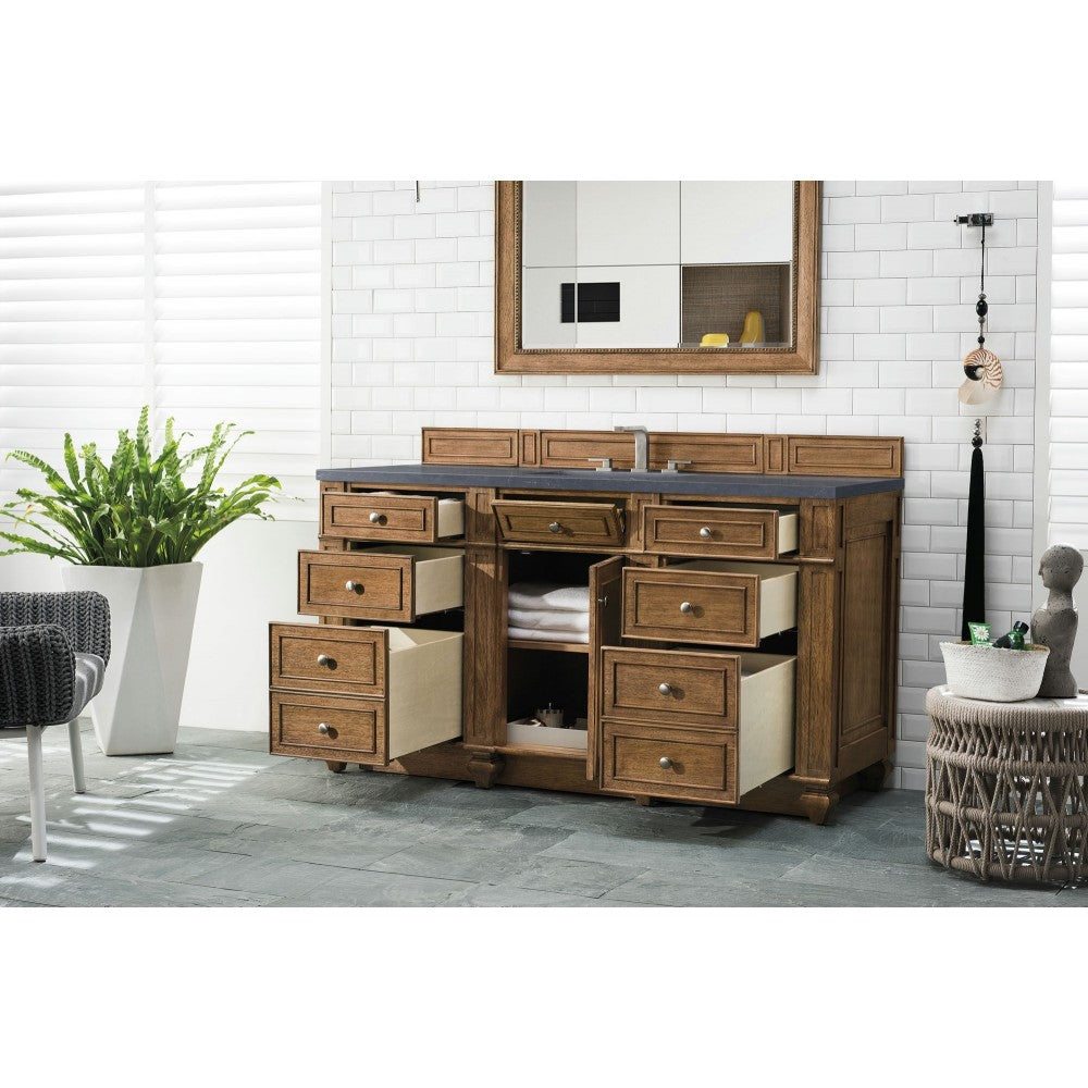 Bristol 60" Single Vanity, Saddle Brown, w/ 3 CM Charcoal Soapstone Quartz Top
