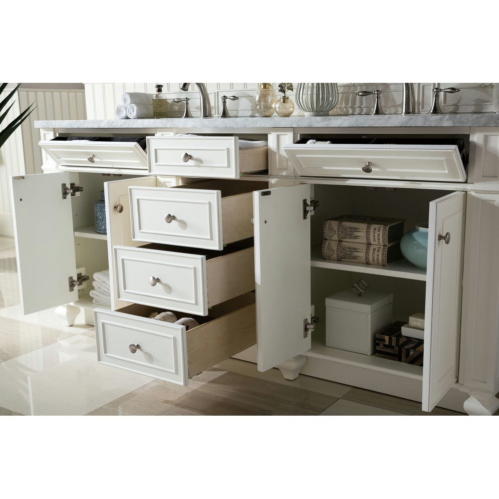 Bristol 72" Double Vanity, Bright White, w/ 3 CM Carrara Marble Top
