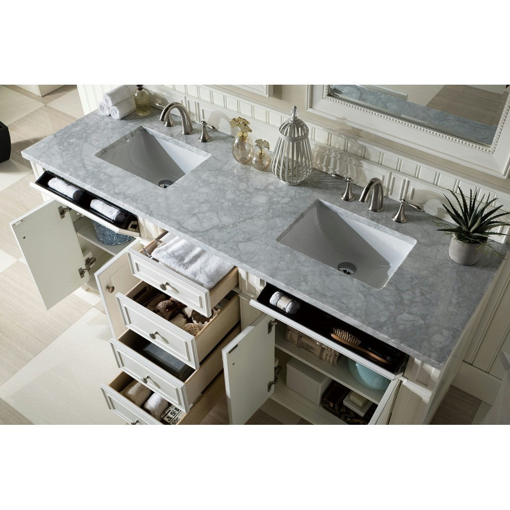 Bristol 72" Double Vanity, Bright White, w/ 3 CM Carrara Marble Top