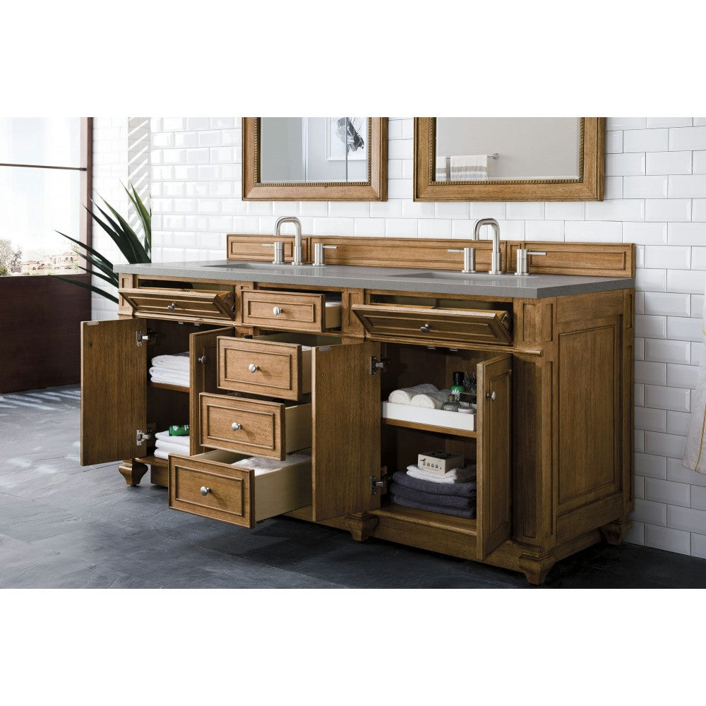 Bristol 72" Double Vanity, Saddle Brown, w/ 3 CM Gray Expo Quartz Top
