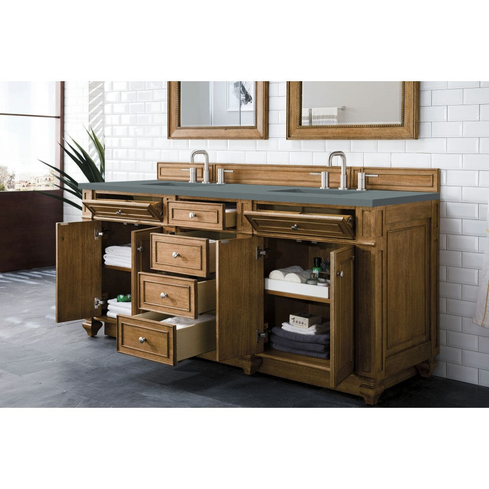 Bristol 72" Double Vanity, Saddle Brown, w/ 3 CM Cala Blue Quartz Top