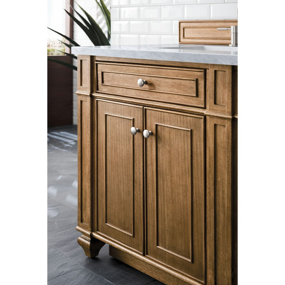 Bristol 72" Double Vanity, Saddle Brown, w/ 3 CM Carrara Marble Top