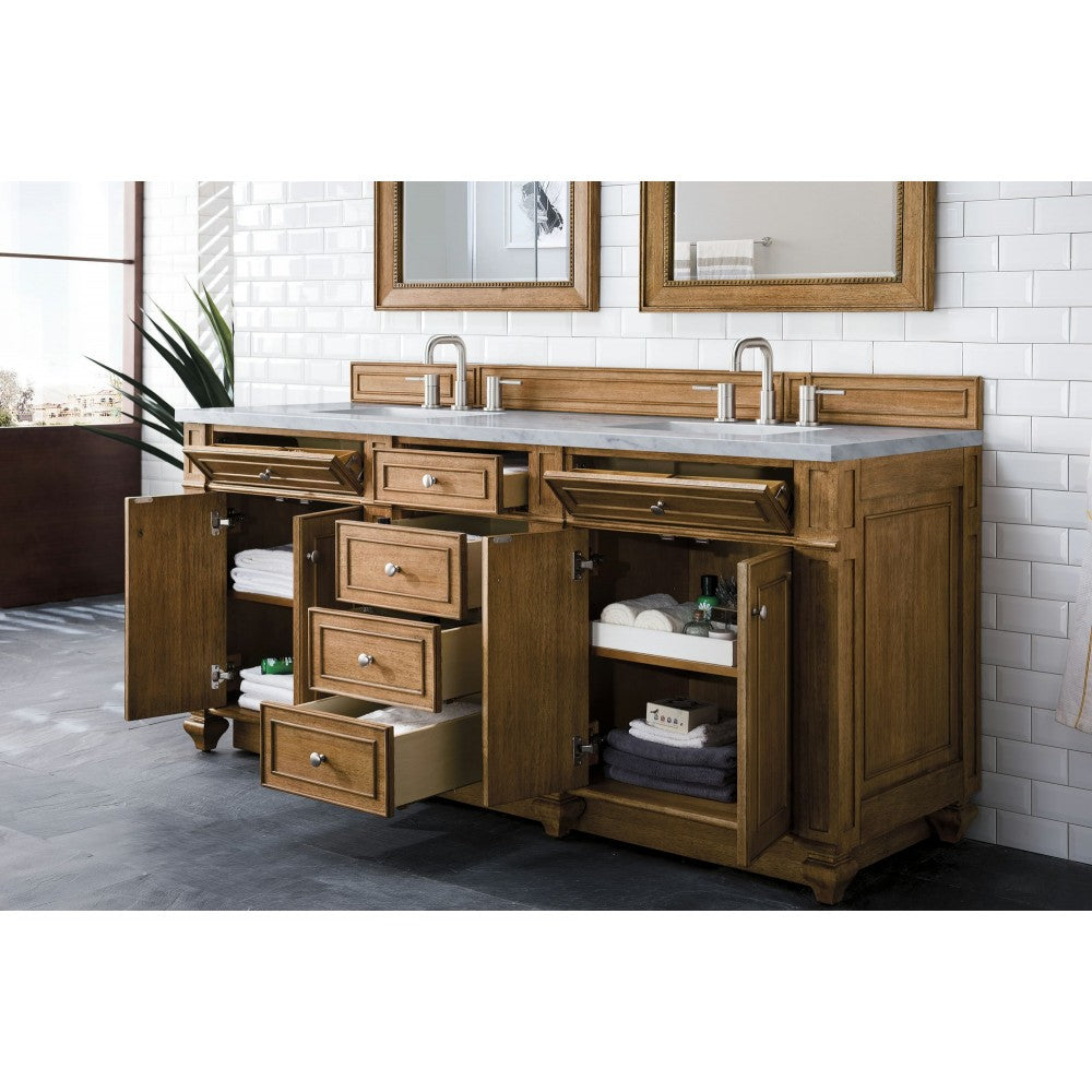 Bristol 72" Double Vanity, Saddle Brown, w/ 3 CM Carrara Marble Top