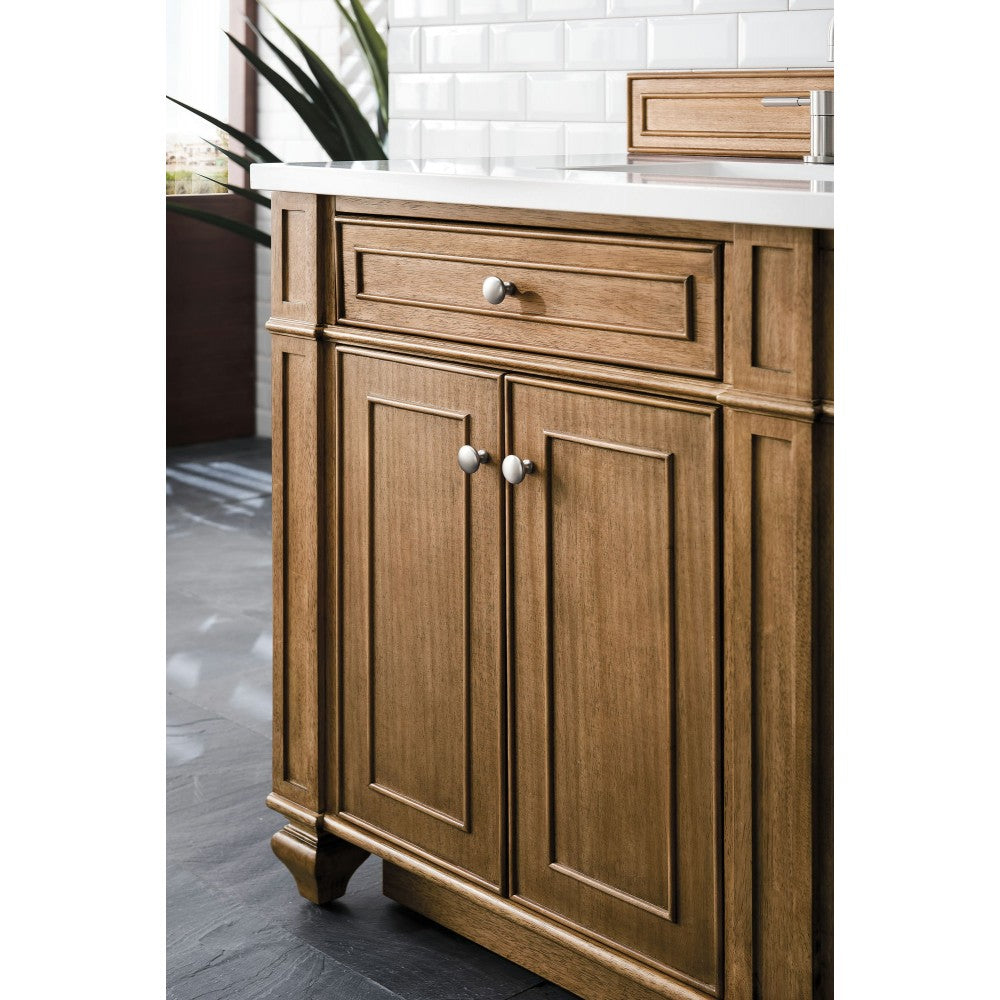 Bristol 72" Double Vanity, Saddle Brown, w/ 3 CM Classic White Quartz Top