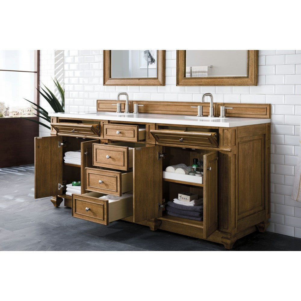 Bristol 72" Double Vanity, Saddle Brown, w/ 3 CM Classic White Quartz Top