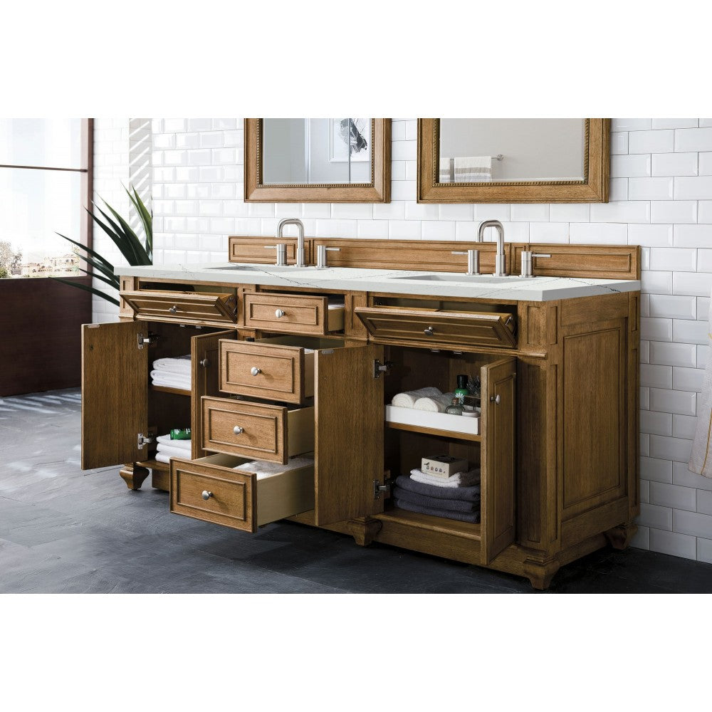 Bristol 72" Double Vanity, Saddle Brown, w/ 3 CM Ethereal Noctis Quartz Top