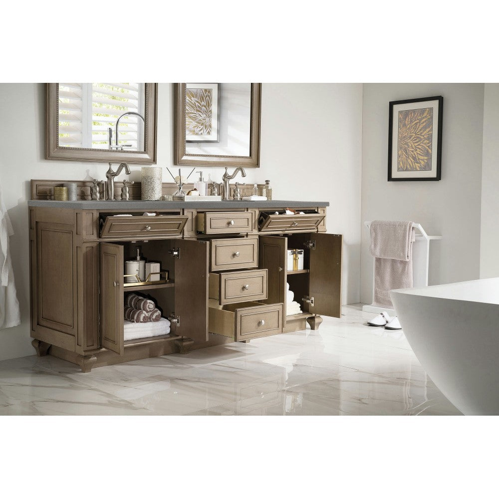 Bristol 72" Double Vanity, Whitewashed Walnut, w/ 3 CM Gray Expo Quartz Top
