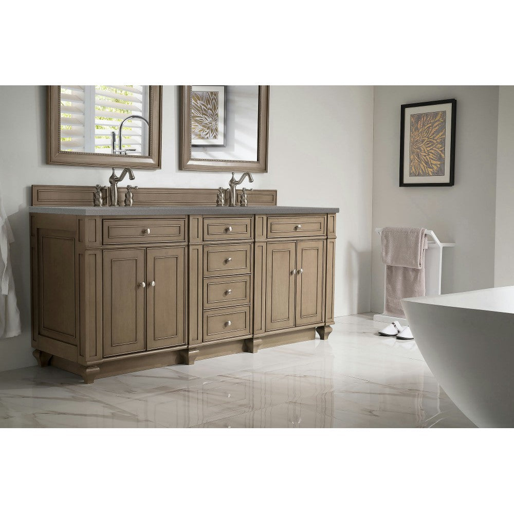 Bristol 72" Double Vanity, Whitewashed Walnut, w/ 3 CM Gray Expo Quartz Top