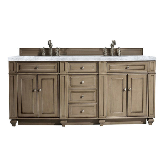Bristol 72" Double Vanity, Whitewashed Walnut, w/ 3 CM Carrara Marble Top