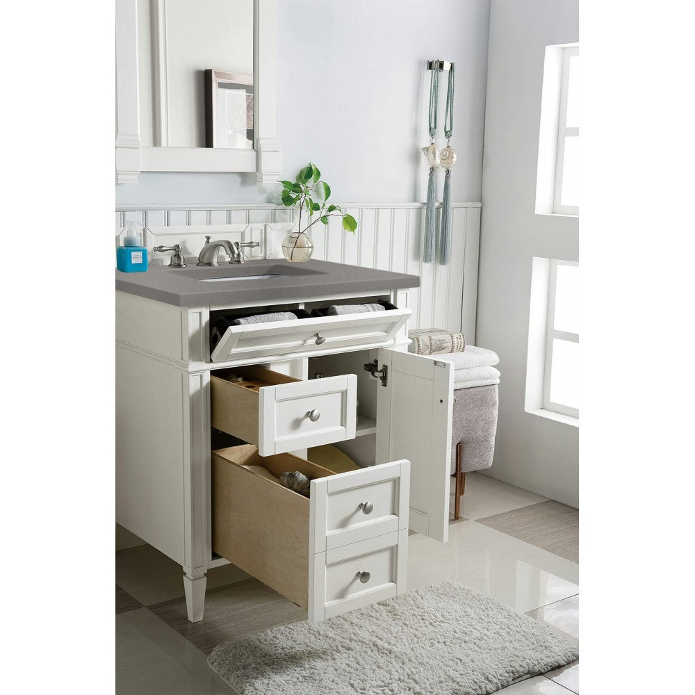 Brittany 30" Single Vanity, Bright White, w/ 3 CM Gray Expo Quartz Top