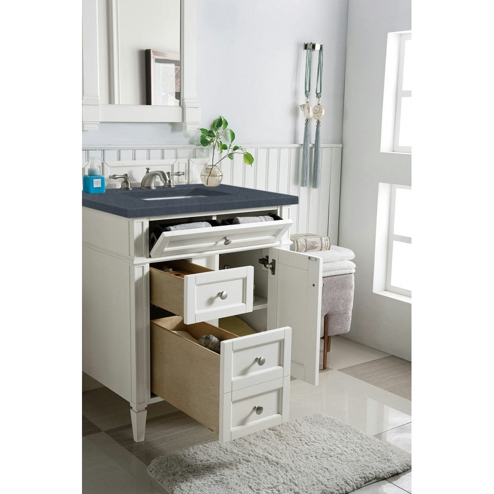 Brittany 30" Single Vanity, Bright White, w/ 3 CM Charcoal Soapstone Quartz Top