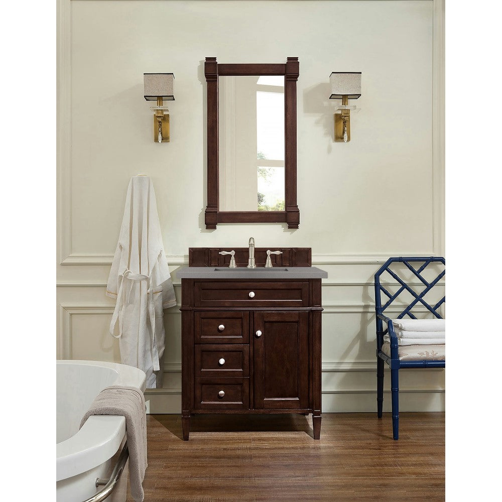 Brittany 30" Single Vanity, Burnished Mahogany, w/ 3 CM Gray Expo Quartz Top