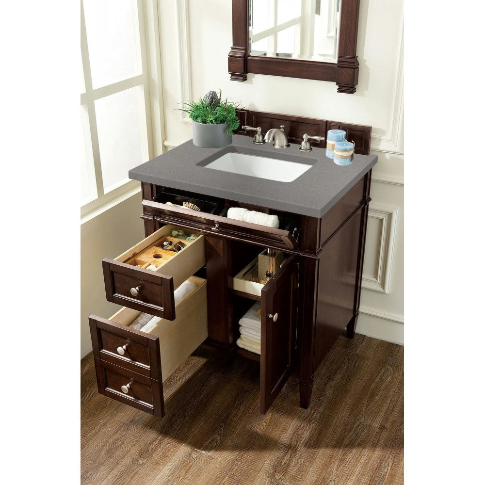 Brittany 30" Single Vanity, Burnished Mahogany, w/ 3 CM Gray Expo Quartz Top