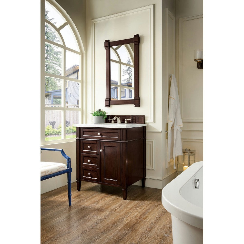 Brittany 30" Single Vanity, Burnished Mahogany w/ 3 CM Carrara Marble Top