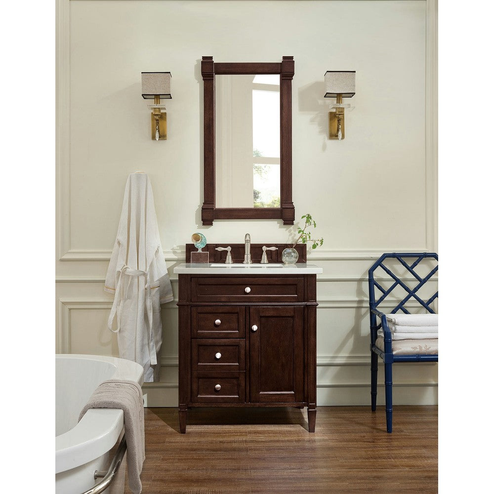 Brittany 30" Single Vanity, Burnished Mahogany w/ 3 CM Carrara Marble Top