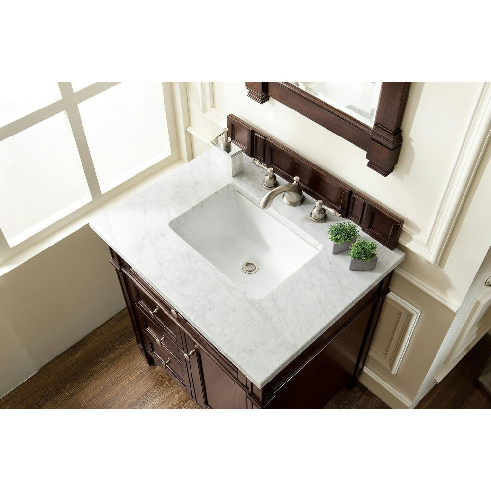 Brittany 30" Single Vanity, Burnished Mahogany w/ 3 CM Carrara Marble Top