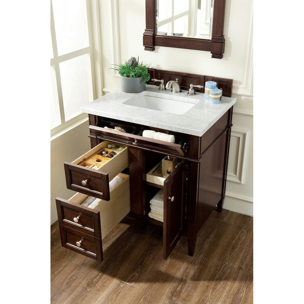 Brittany 30" Single Vanity, Burnished Mahogany w/ 3 CM Carrara Marble Top