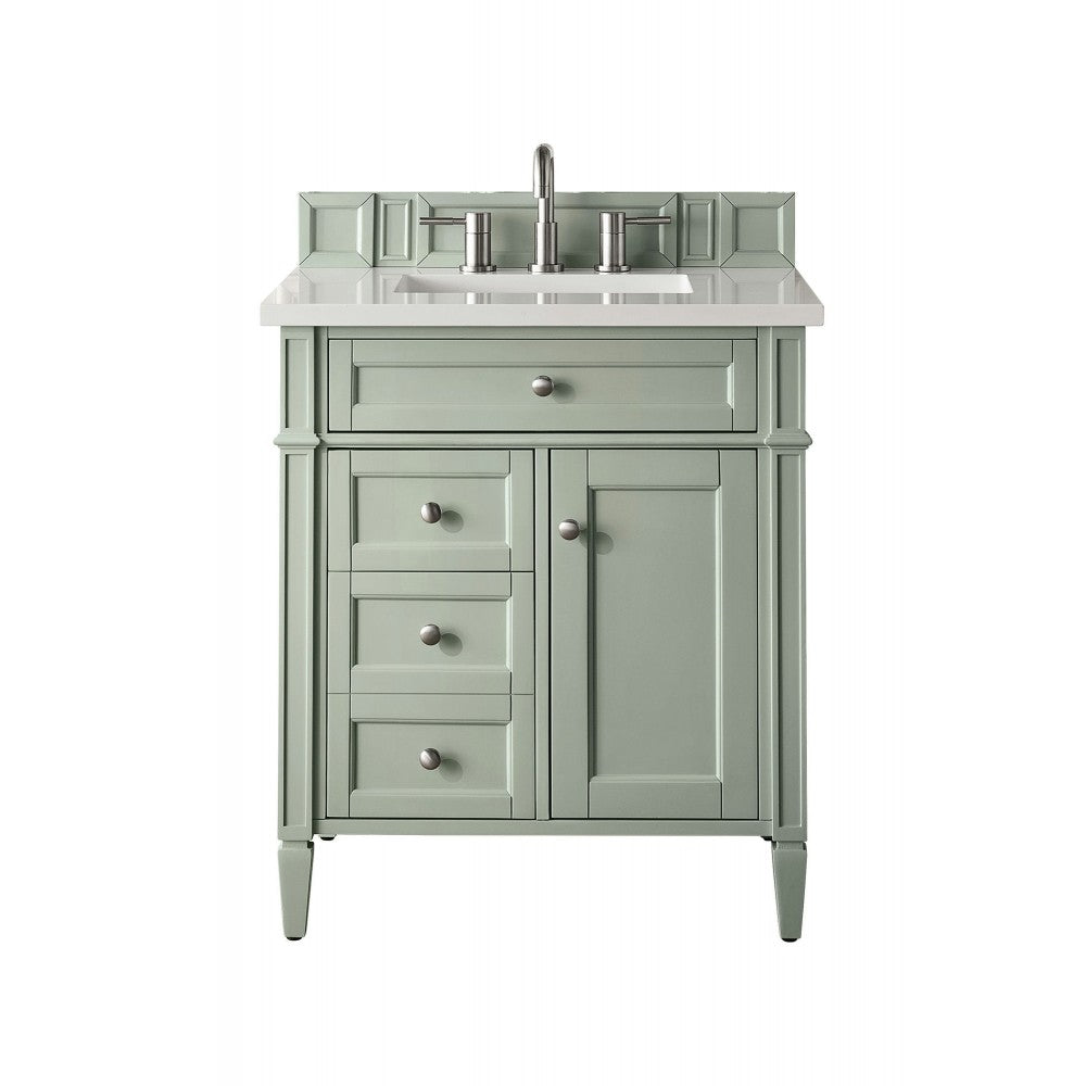 Brittany 30" Single Vanity, Sage Green, w/ 3 CM Classic White Quartz Top