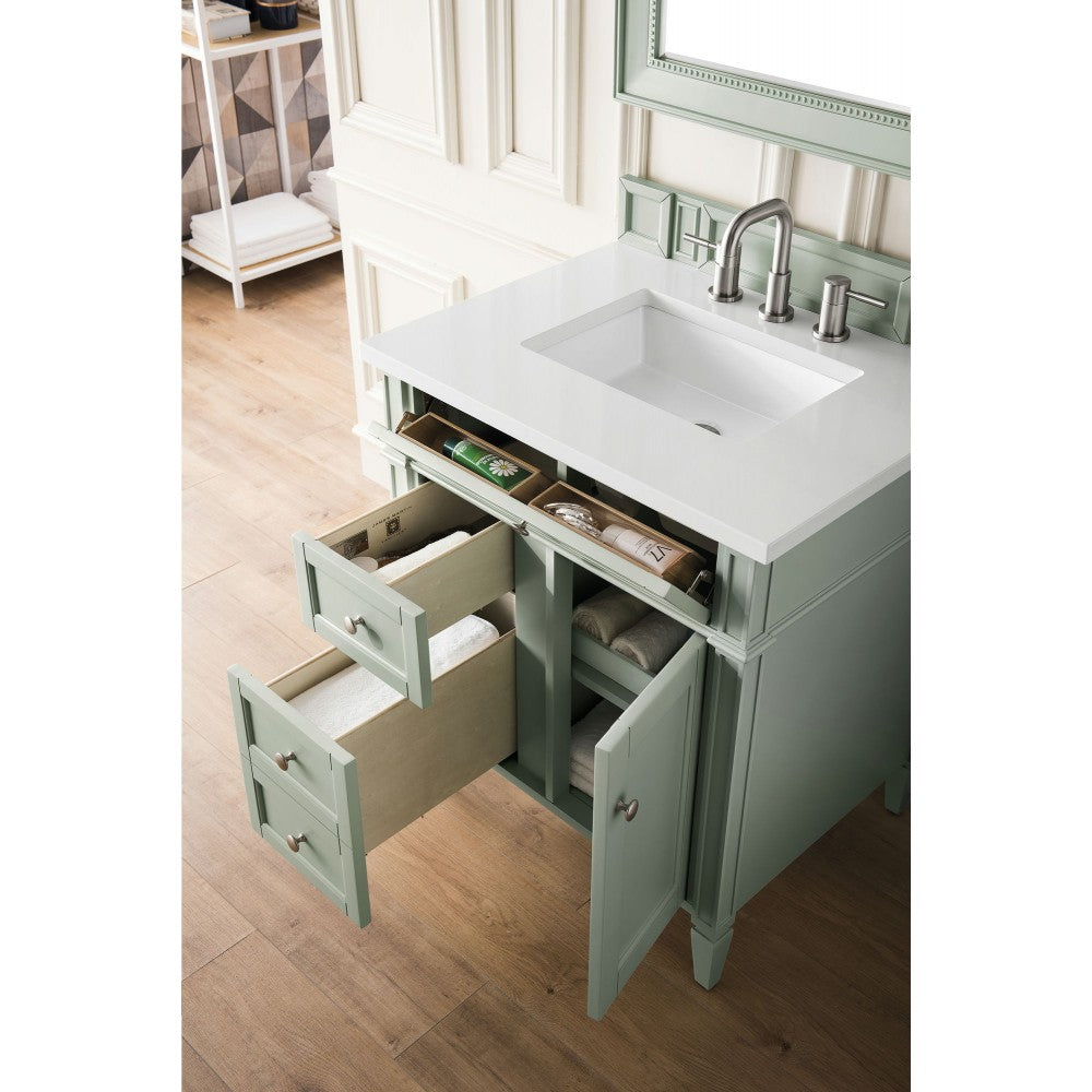 Brittany 30" Single Vanity, Sage Green, w/ 3 CM Classic White Quartz Top