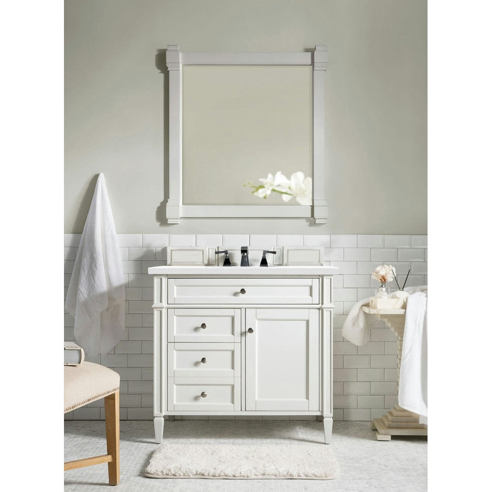 Brittany 36" Bright White Single Vanity w/ 3 CM Classic White Quartz Top
