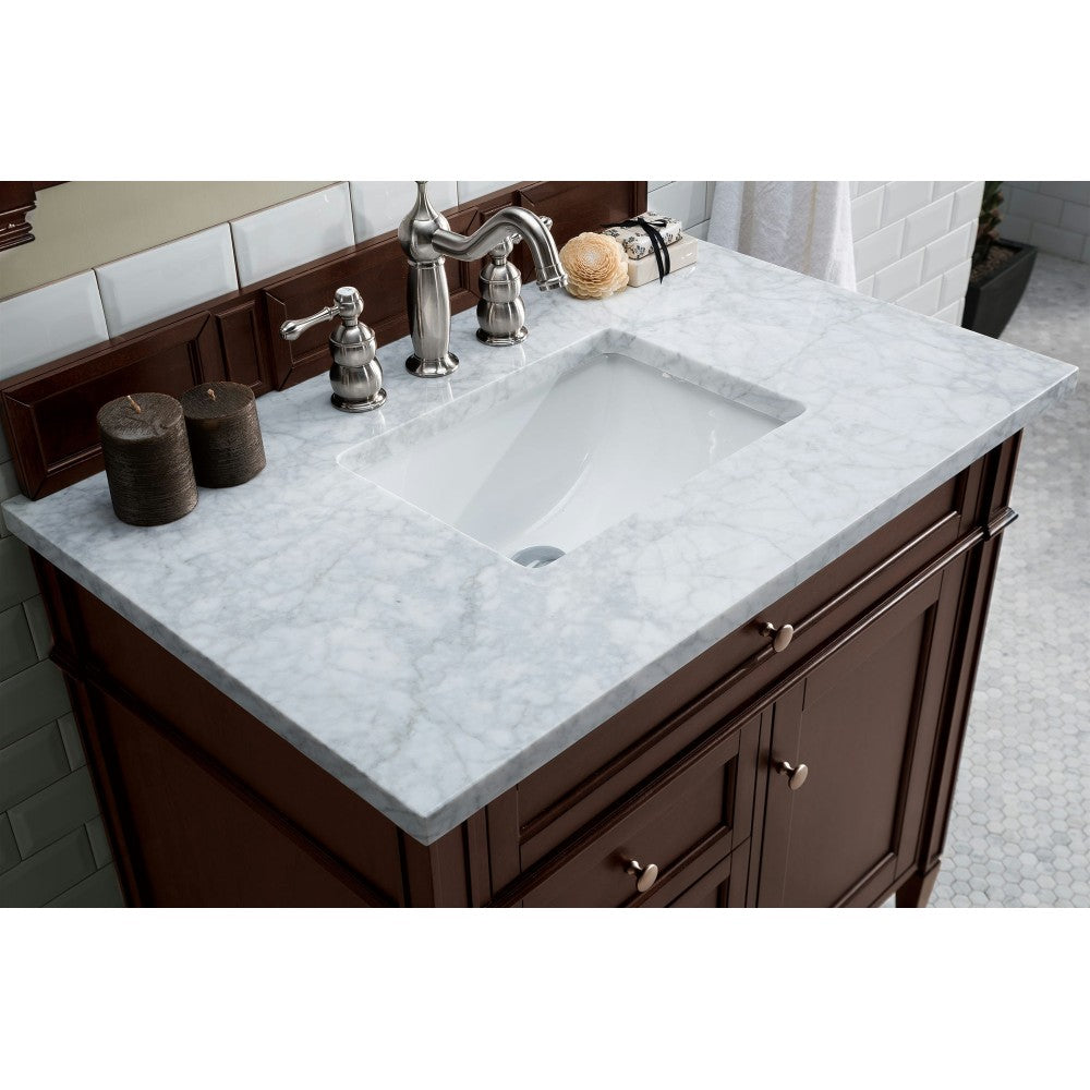 Brittany 36" Burnished Mahogany Single Vanity w/ 3 CM Carrara Marble Top