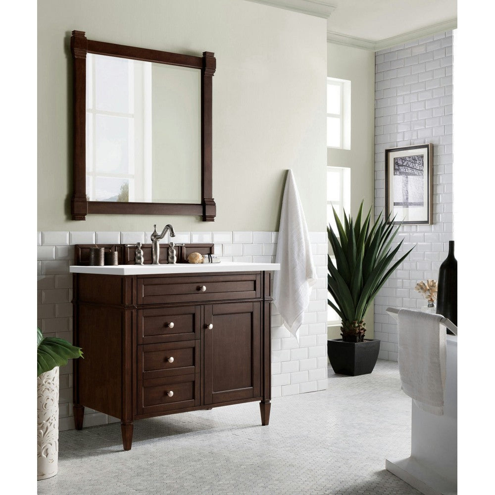 Brittany 36" Burnished Mahogany Single Vanity w/ 3 CM Classic White Quartz Top