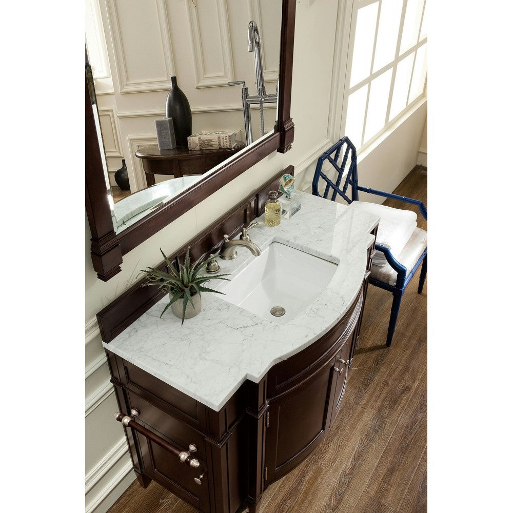 Brittany 46" Single Vanity, Burnished Mahogany w/ 3 CM Carrara Marble Top