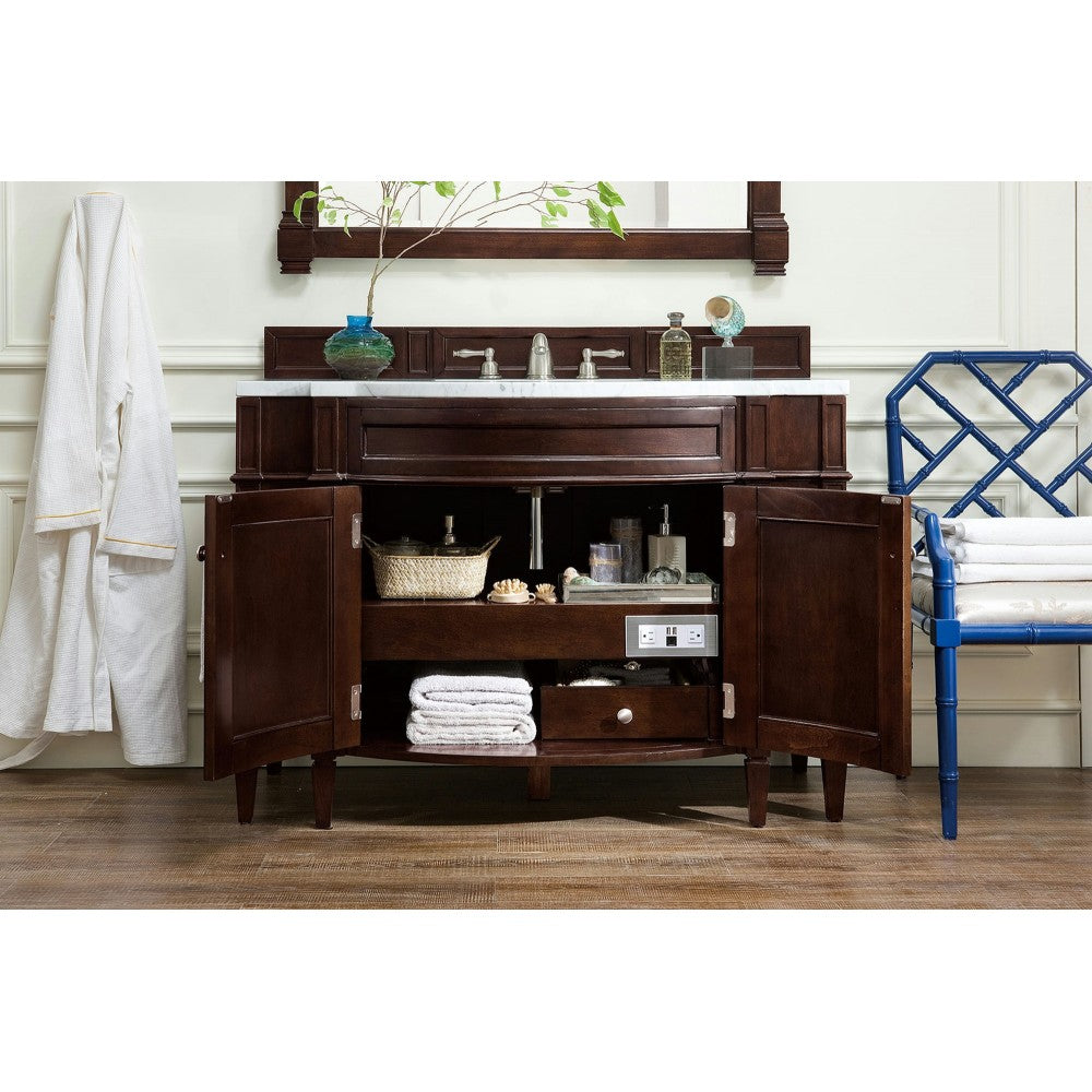 Brittany 46" Single Vanity, Burnished Mahogany w/ 3 CM Carrara Marble Top