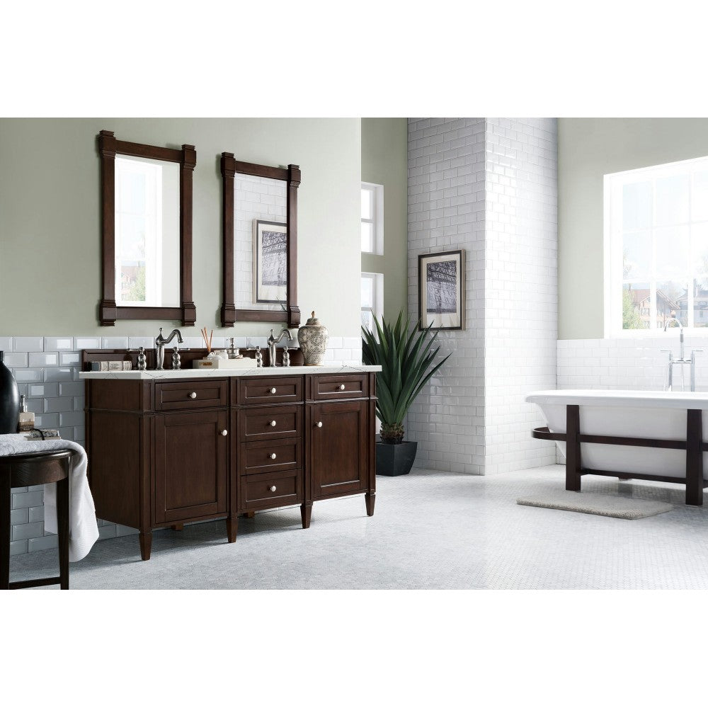 Brittany 60" Burnished Mahogany Double Vanity w/ 3 CM Ethereal Noctis Quartz Top