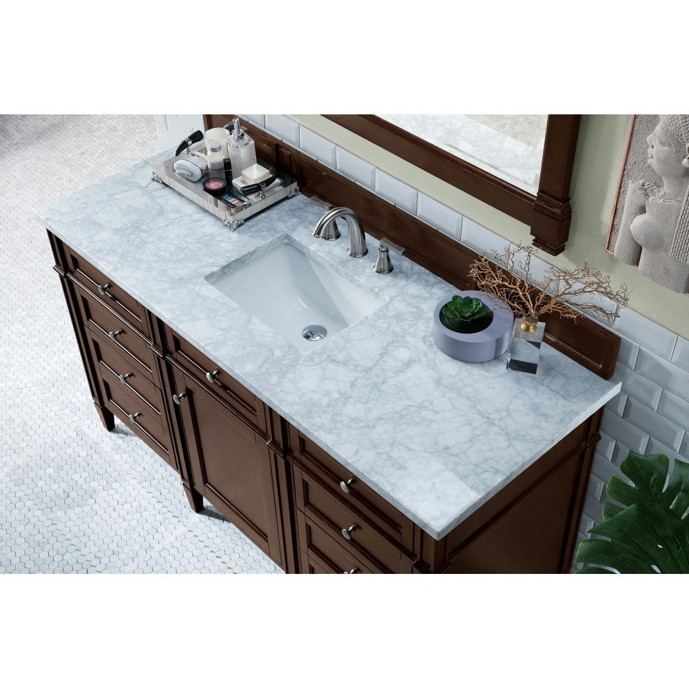 Brittany 60" Burnished Mahogany Single Vanity w/ 3 CM Carrara Marble Top